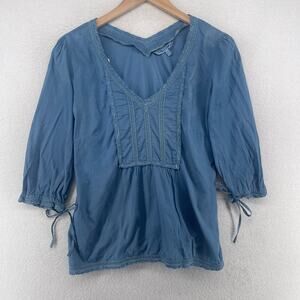 LAURA ASHLEY Blouse 6 Lace Trim Boho Peasant V-Neck Tie Cuff Sleeve Cotton Blue